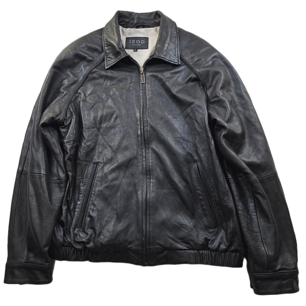 IZOD Leather Bomber Jacket Mens XL Black Zip Coat‎ Raglan Buttery Soft! VTG